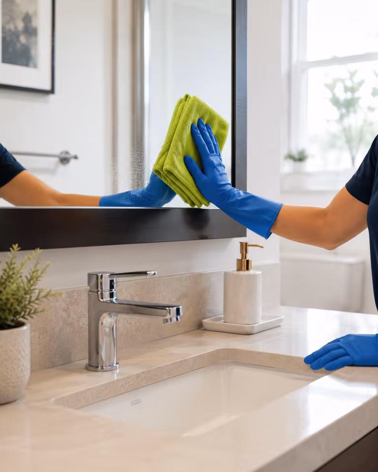 Cleaning professional wiping a bathroom mirror