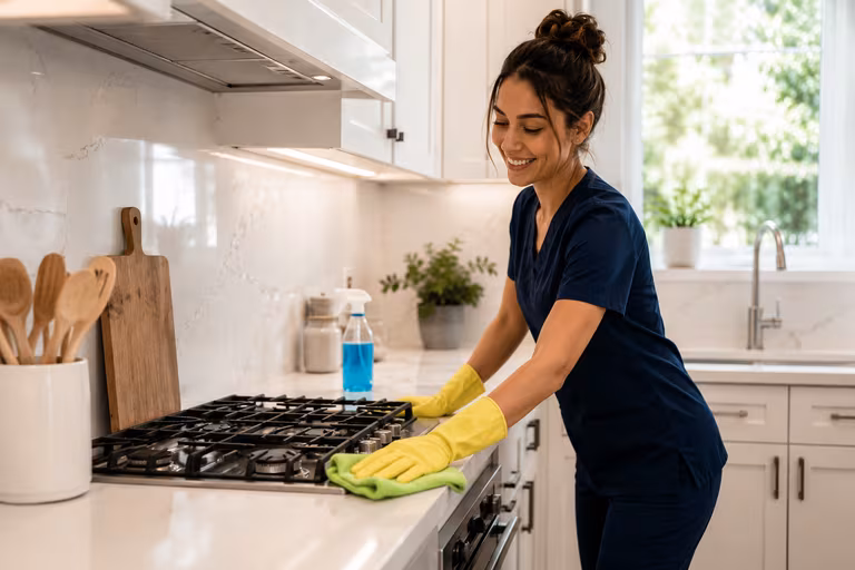 Cleaning professional wiping a kitchen