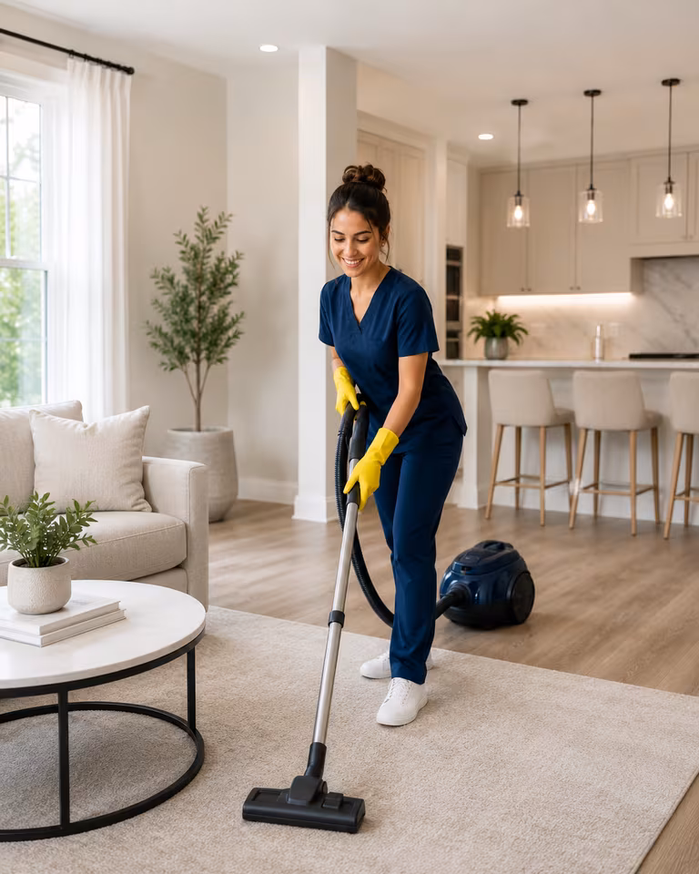 Professional vacuuming a living room