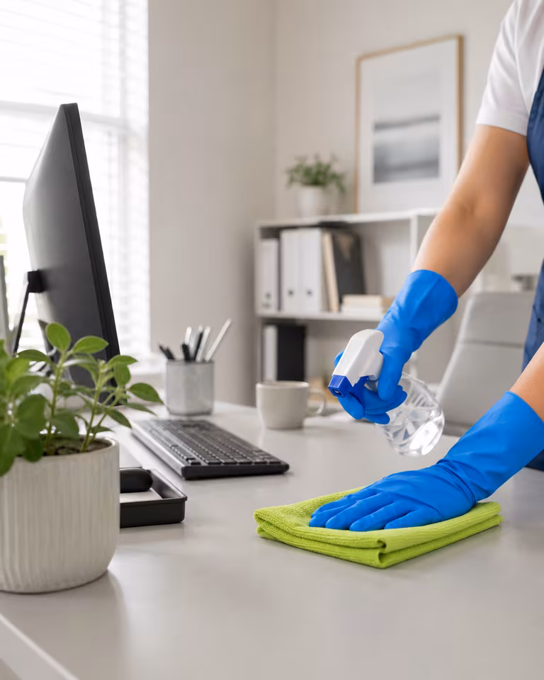 Cleaning professional wiping an office desk